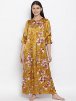 Mustard Floral Satin Print Women Nightwear Dress