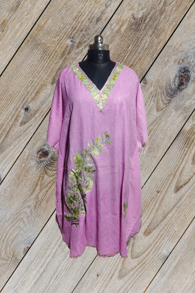 100% Cotton Purple Short Kashmiri Kaftan with Floral Aari Embroidery