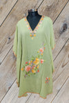 100% Cotton Short Kashmiri Kaftan with Floral Aari Embroidery Dusty-Green