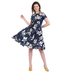 Myy Women'S Floral Digital Printed Knee Length Dress With Waist Tie Ups Dark Blue