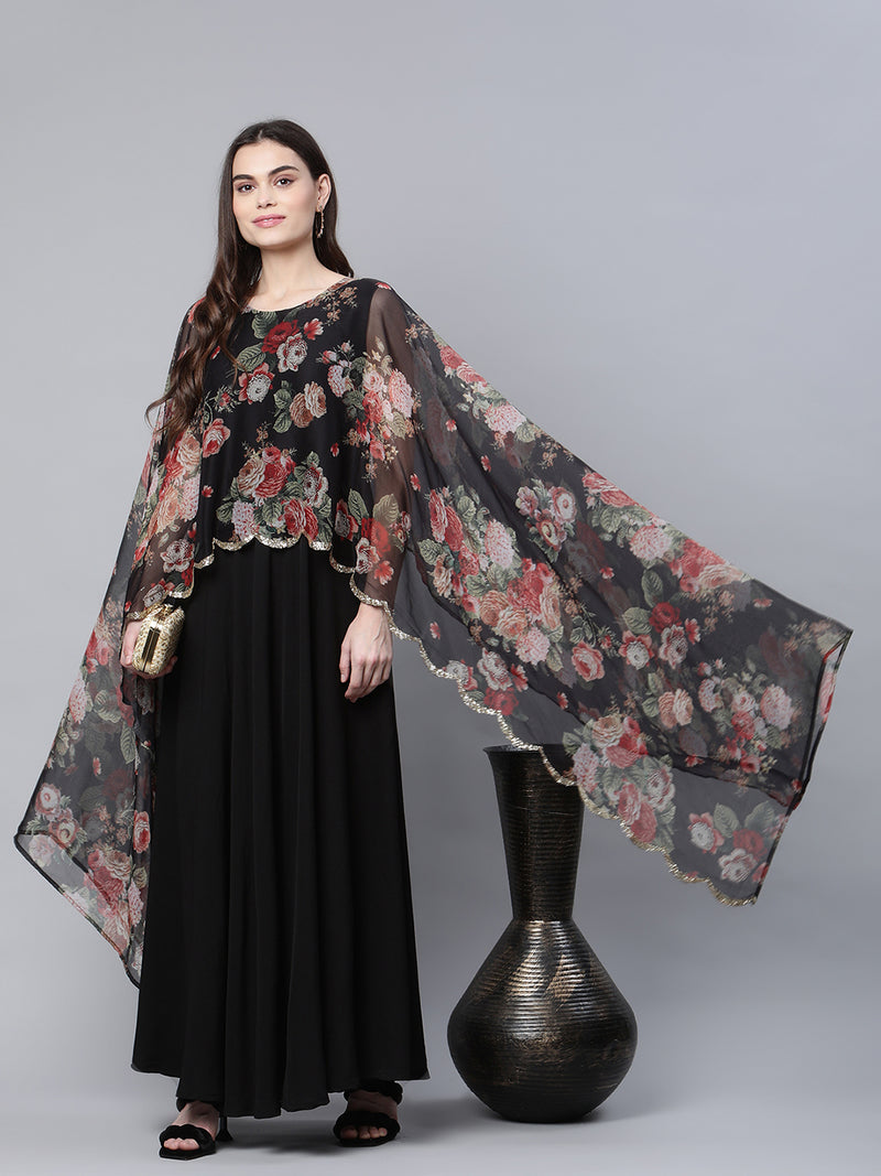 Ahalyaa Women Black Crepe Dress With Attached Dupatta