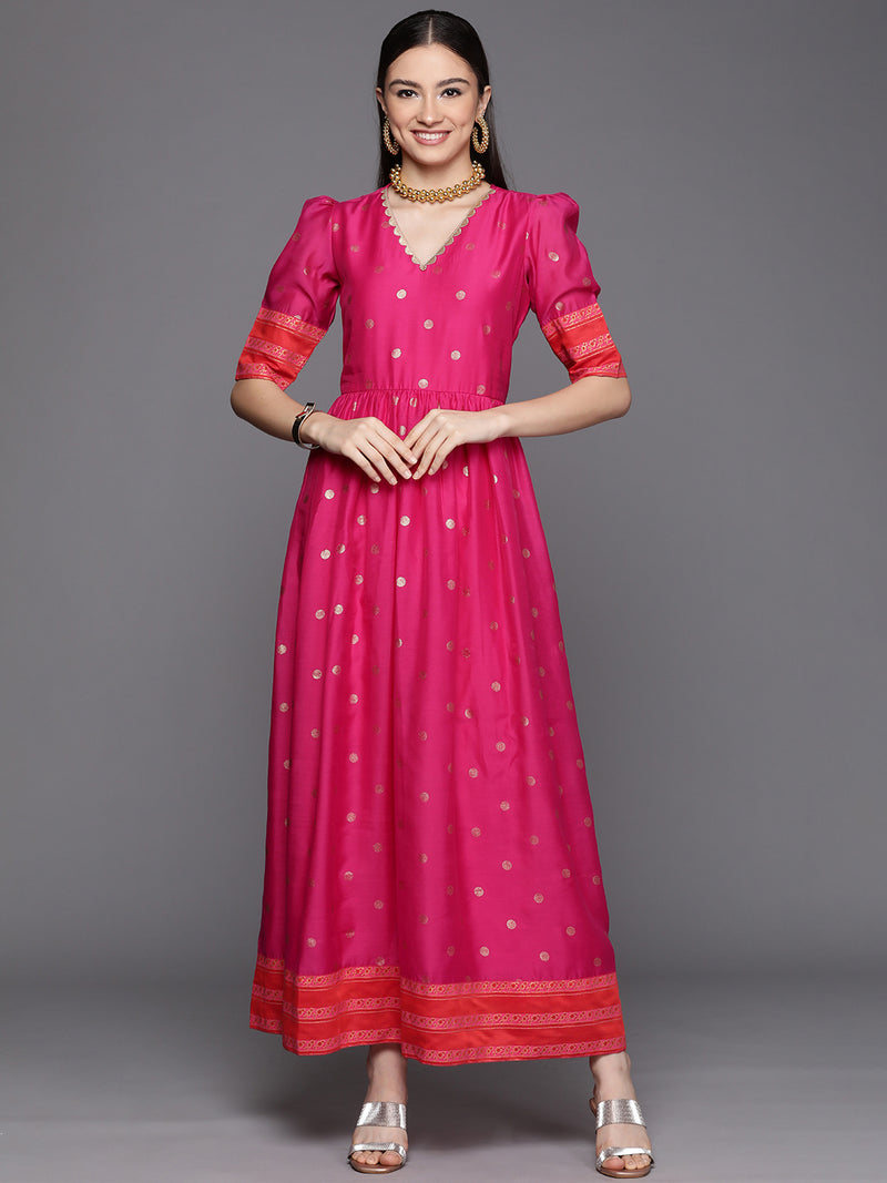 Ahalyaa Women'S Pink Chanderi Gold Foil Print Dress
