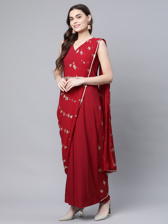 Ahalyaa Women Maroon Crepe Georgette Printed Saree Dress With Printed Pallu