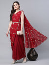 Ahalyaa Women Maroon Crepe Georgette Printed Saree Dress With Printed Pallu