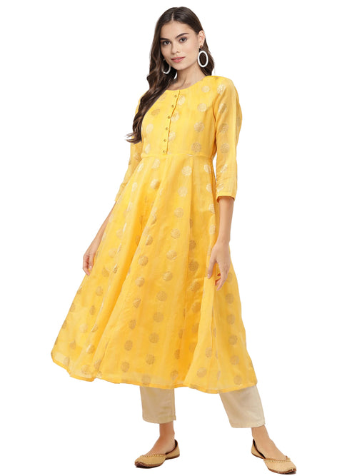 Ahalyaa Women Yellow Chanderi Jacquard Woven Dress