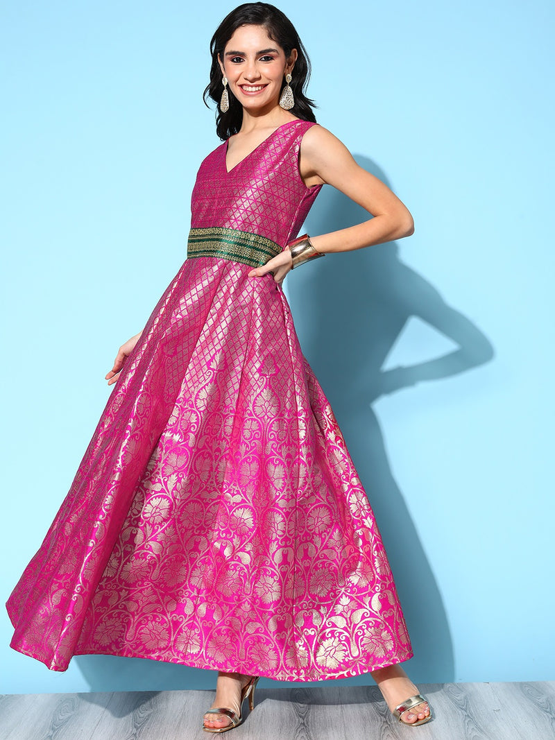 Ahalyaa Women Pink Poly Silk Gold Printed Dress