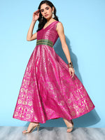 Ahalyaa Women Pink Poly Silk Gold Printed Dress