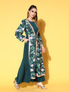 Ahalyaa Green Crepe Puff Sleeves Floral Printed Maxi Ethnic Dress With Waist Tie Ups