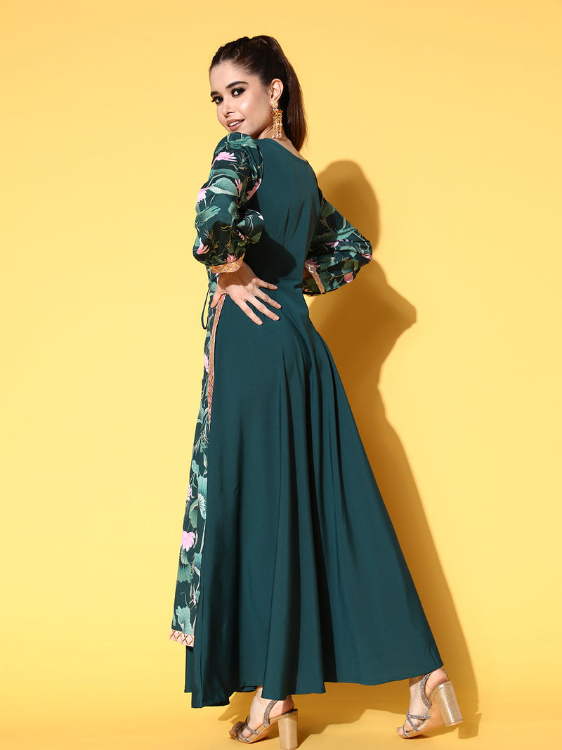 Ahalyaa Green Crepe Puff Sleeves Floral Printed Maxi Ethnic Dress With Waist Tie Ups
