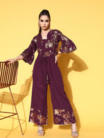 Ahalyaa Burgundy Gold Toned Bell Sleeves Printed Ethnic Jumpsuit With Waist Tie Ups