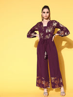 Ahalyaa Burgundy Gold Toned Bell Sleeves Printed Ethnic Jumpsuit With Waist Tie Ups