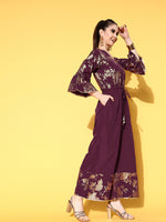 Ahalyaa Burgundy Gold Toned Bell Sleeves Printed Ethnic Jumpsuit With Waist Tie Ups