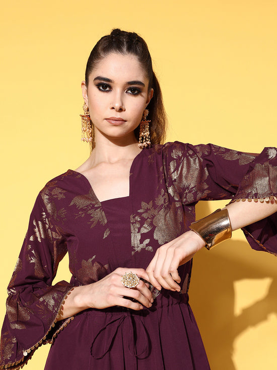 Ahalyaa Burgundy Gold Toned Bell Sleeves Printed Ethnic Jumpsuit With Waist Tie Ups