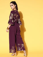 Ahalyaa Burgundy Gold Toned Bell Sleeves Printed Ethnic Jumpsuit With Waist Tie Ups