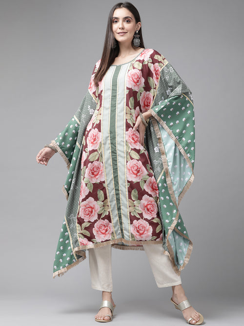 Ahalyaa Women Green Pink Floral Printed Flared Sleeves Gotta Patti Floral Crepe Kaftan Kurta