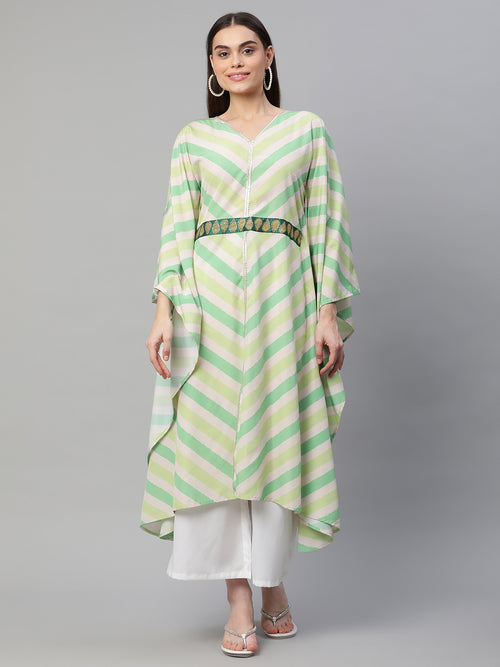 Ahalyaa Women Green Crepe Digital Printed Flared Sleeve Kaftan Kurta