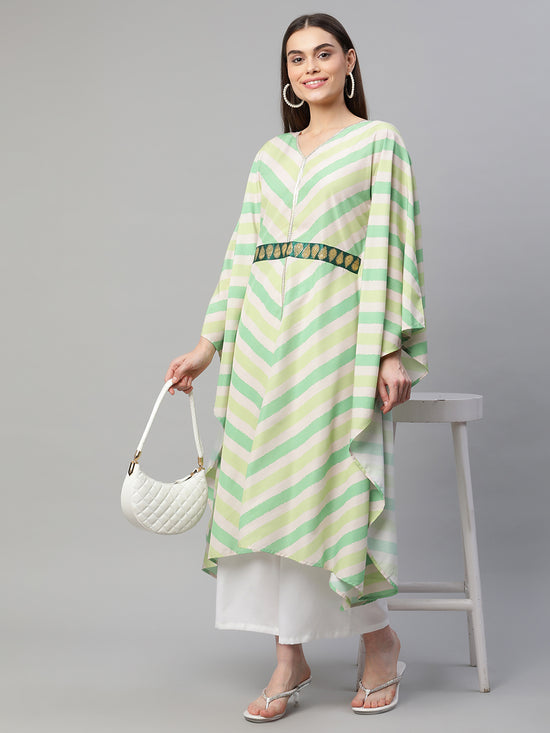 Ahalyaa Women Green Crepe Digital Printed Flared Sleeve Kaftan Kurta