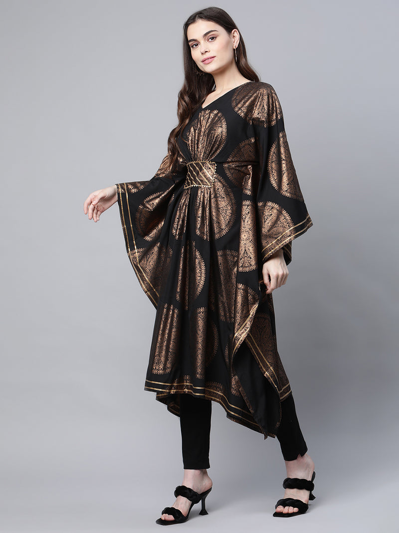 Ahalyaa Women Black Crepe Copper Foil Printed Flared Sleeve Kaftan Kurta