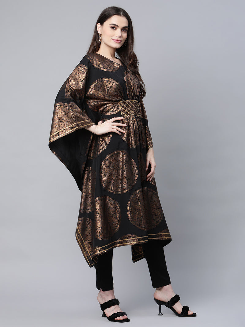 Ahalyaa Women Black Crepe Copper Foil Printed Flared Sleeve Kaftan Kurta