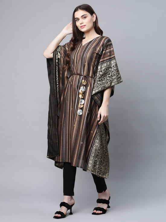 Ahalyaa Women Brown Georgette Gold Silver Printed Kaftan Kurta