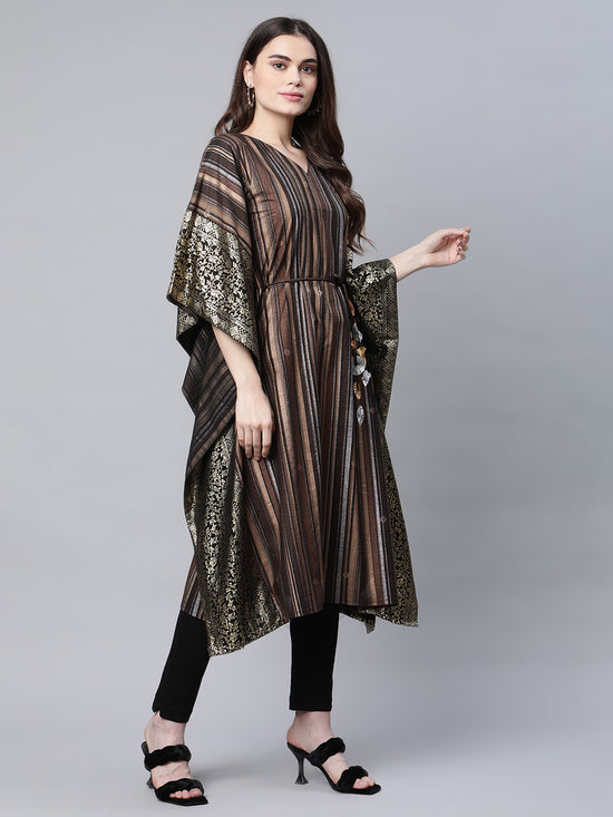 Ahalyaa Women Brown Georgette Gold Silver Printed Kaftan Kurta