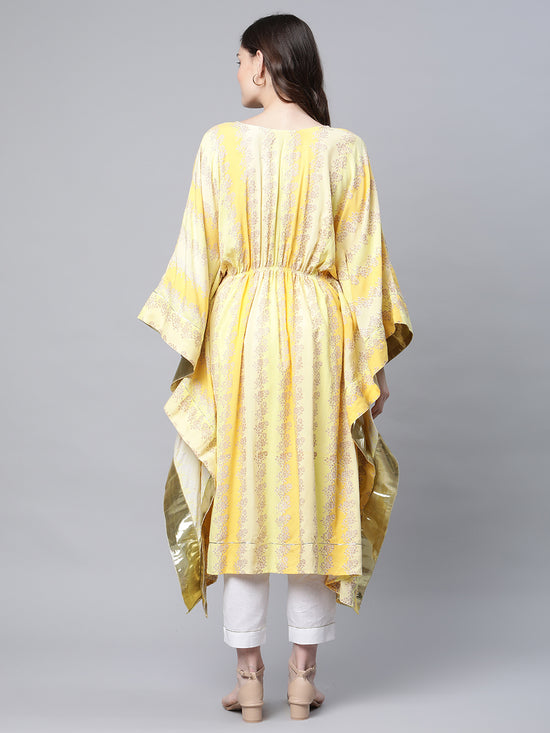 Ahalyaa Women Yellow Rayon Printed Flared Sleeve Kaftan Kurta