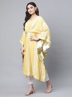 Ahalyaa Women Yellow Rayon Printed Flared Sleeve Kaftan Kurta
