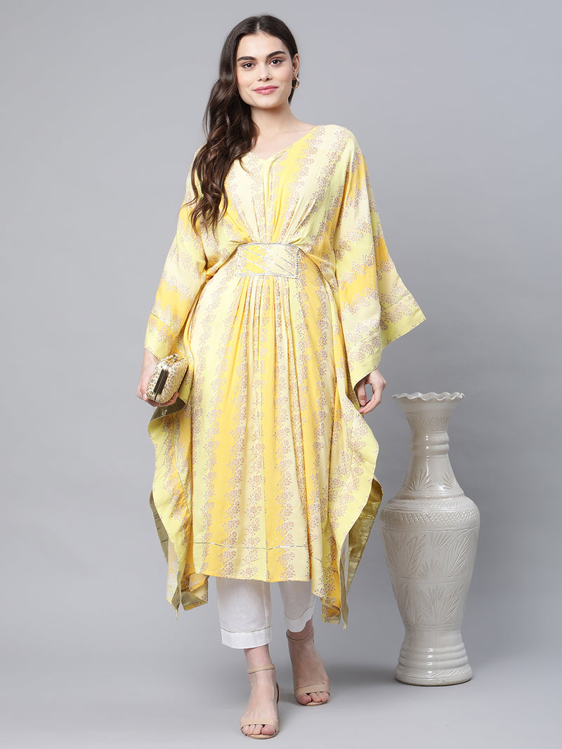Ahalyaa Women Yellow Rayon Printed Flared Sleeve Kaftan Kurta