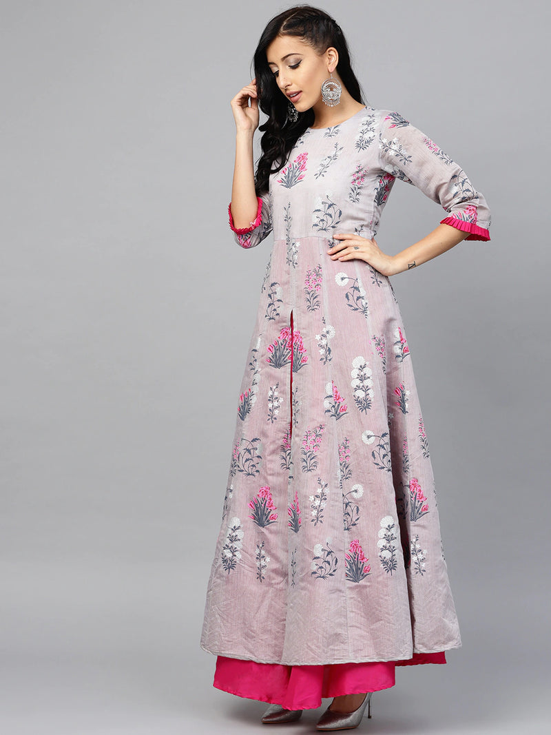 Ahalyaa Grey & Pink Floral Printed Layered Front Slit Maxi Dress
