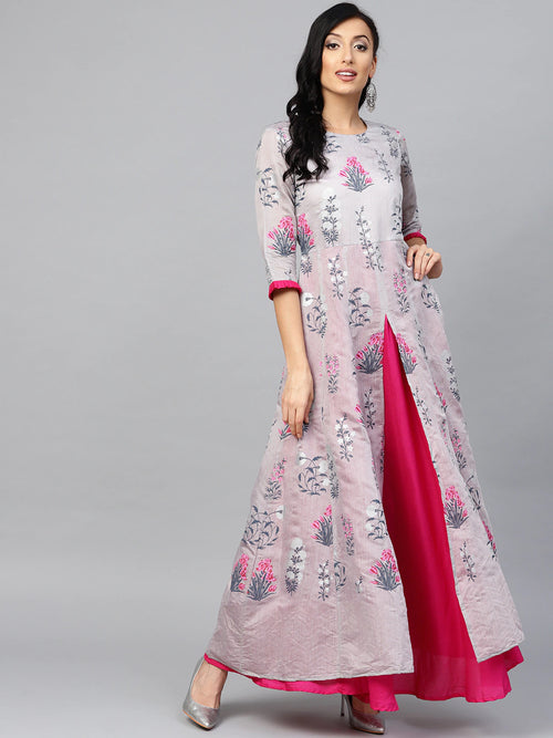 Ahalyaa Grey & Pink Floral Printed Layered Front Slit Maxi Dress