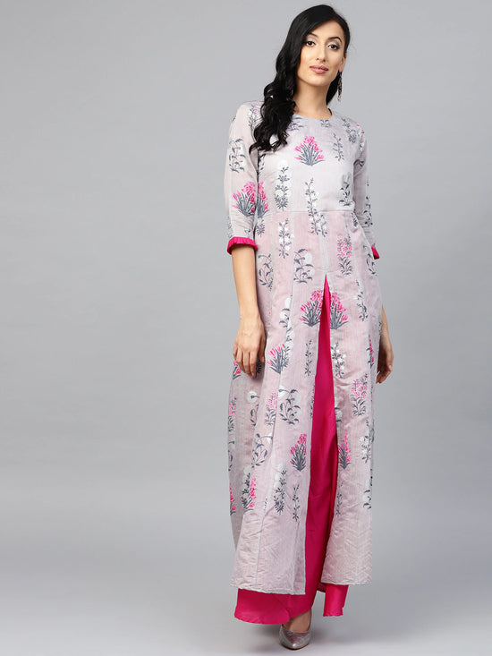 Ahalyaa Grey & Pink Floral Printed Layered Front Slit Maxi Dress