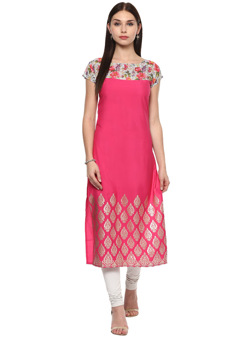 Ahalyaa Women'S Pink Chanderi Printed Kurta