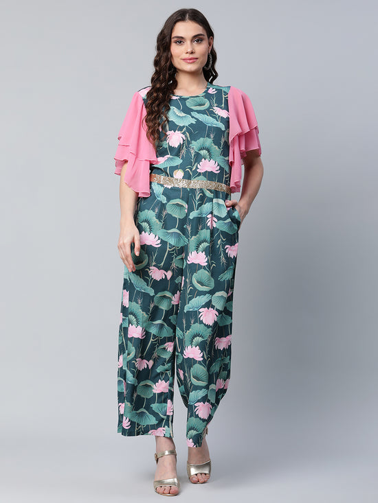 Ahalyaa Womens Dark Green Crepe Printed Jumpsuit