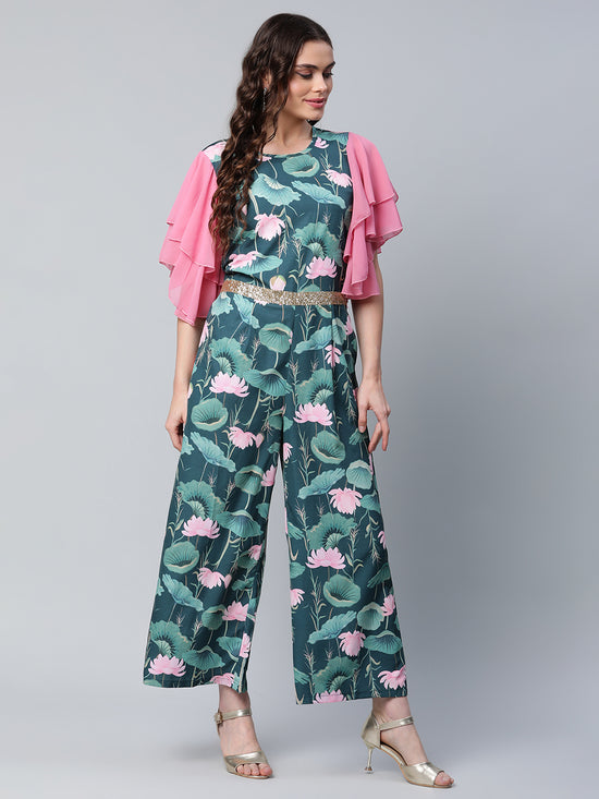 Ahalyaa Womens Dark Green Crepe Printed Jumpsuit