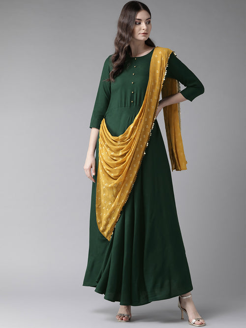 Ahalyaa Women'S Dark Green Rayon Flared Kurta With Attached Dupatta