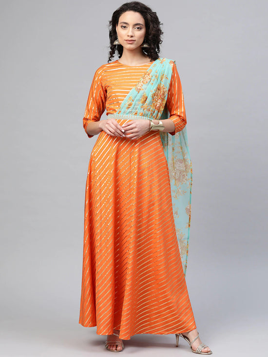 Ahalyaa Women'S Orange Crepe Gold Print Kurta