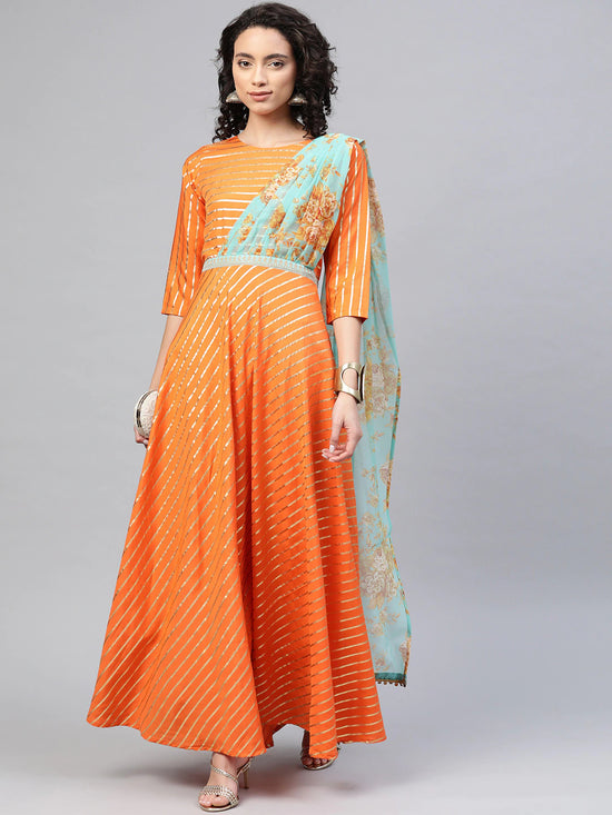 Ahalyaa Women'S Orange Crepe Gold Print Kurta