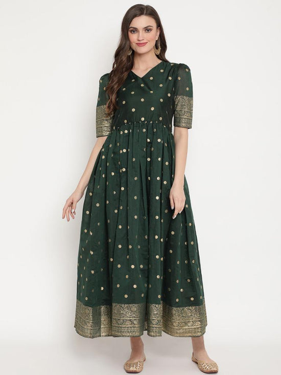 Ahalyaa Women'S Dark Green Chanderi Polka Dot Printed Kurta