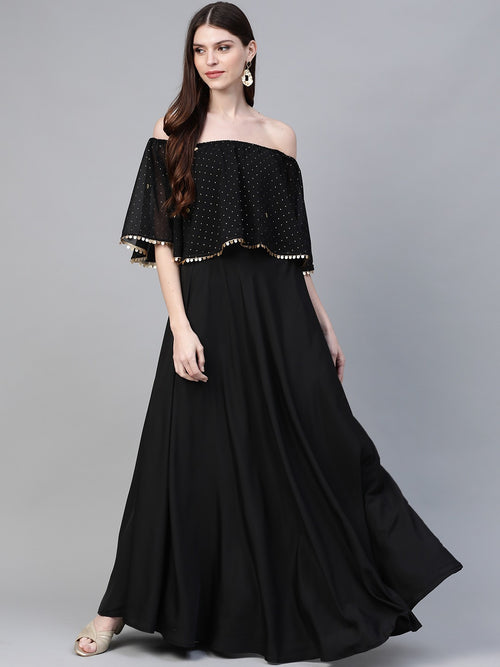 Ahalyaa Women'S Black Crepe Off Shoulder Gown