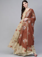 Ahalyaa Polyester Beige & Red Floral Printed Anarkali Kurta With Dupatta