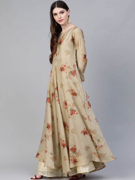 Ahalyaa Polyester Beige & Red Floral Printed Anarkali Kurta With Dupatta