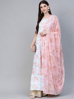 Ahalyaa Women Off White Poly Silk Digital Floral Print Anarkali Kurta With Dupatta