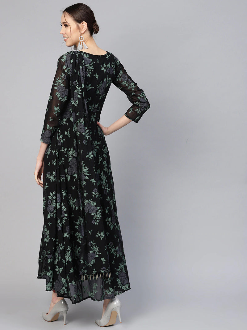 Ahalyaa Women'S Black Georgette Floral Printed Gown