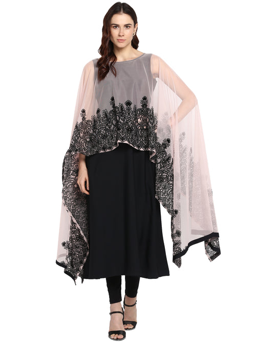 Ahalyaa Women'S Black Crepe Printed Kurta With Attached Dupatta