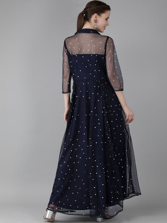 Ahalyaa Navy Blue Net & Crepe Silver Toned Polka Dots Printed Maxi Dress