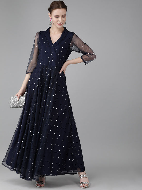 Ahalyaa Navy Blue Net & Crepe Silver Toned Polka Dots Printed Maxi Dress