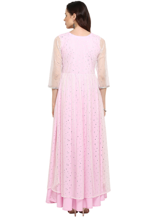 Ahalyaa Women'S Light Pink Crepe & Net Printed Kurta