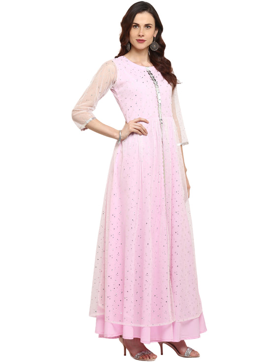 Ahalyaa Women'S Light Pink Crepe & Net Printed Kurta