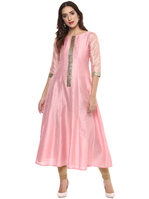 Ahalyaa Women'S Pink Poly Silk Kurta