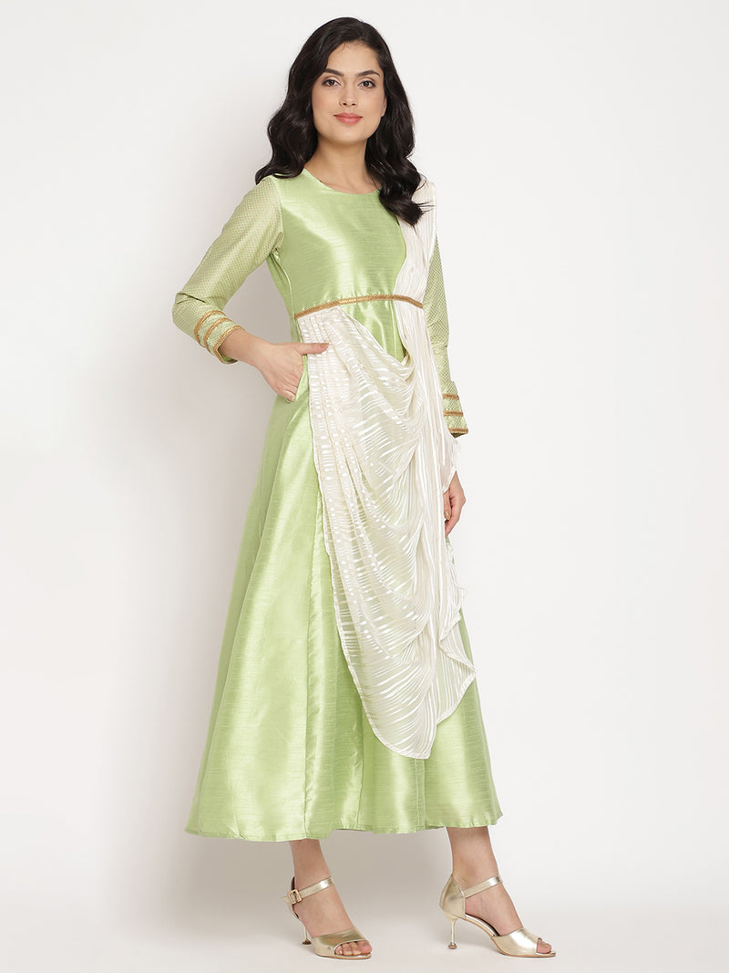 Ahalyaa Women'S Green Poly Silk Kurta With Attached Dupatta